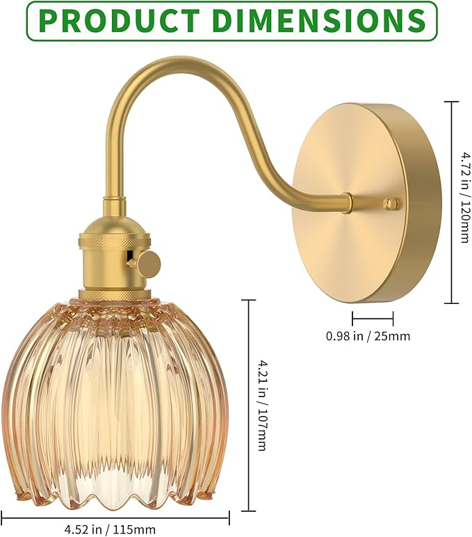 Wall Sconces Lights Lamp for Bedroom Bathroom, Modern Vanity Light Fixtures, Wall Mount Lighting Vintage Tulip Amber Glass Shade for Living Room Mirror Hallway Kitchen