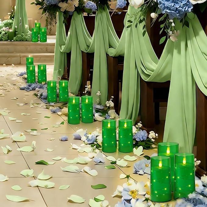 Homemory St. Patrick's Day Flameless Candles with Embedded Star String Fairy Lights, Green Battery Operated Candles, LED Candle, Fake Candles with Remote Control and Timer, Set of 2(H 6" 6")