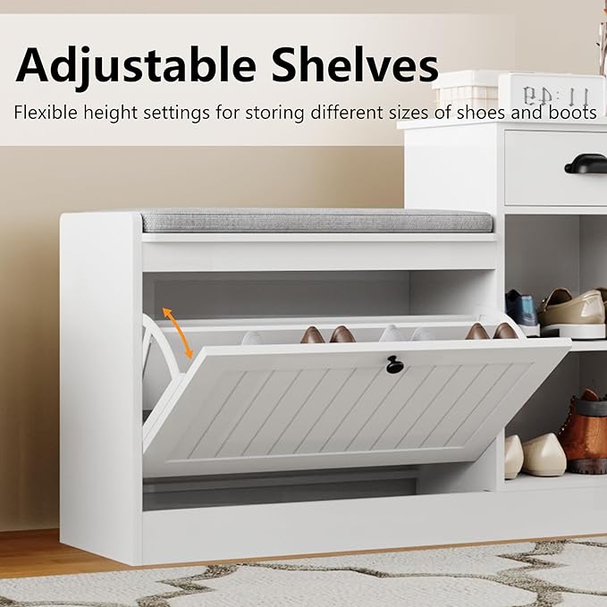 Shoe Storage Bench, Modern Wooden Shoe Cabinet with Flip Drawer and Adjustable Shelf, Entry Way Bench with Padded Seat Cushion for Entryway, Hallway, Living Room,Off-White
