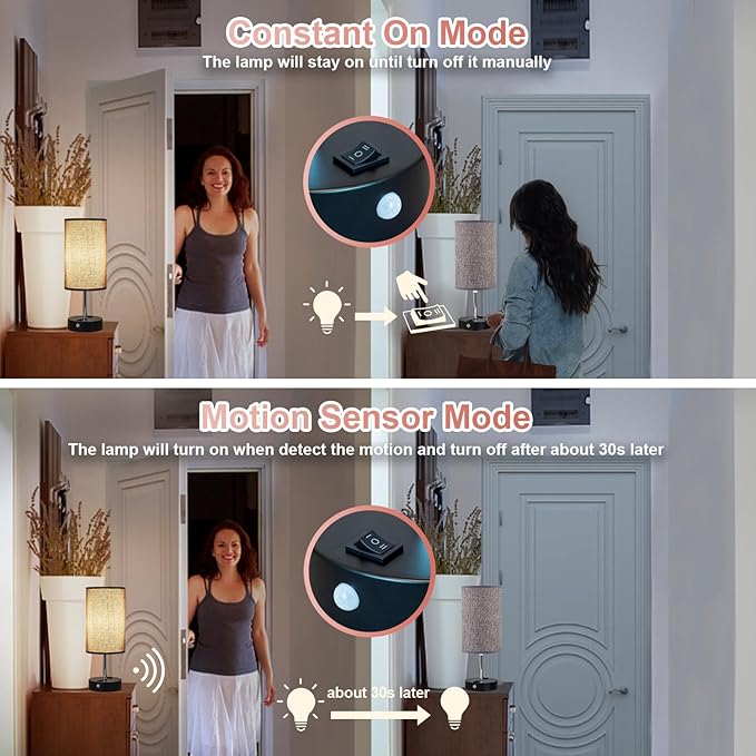Table Lamps with Motion Sensor and Constant on Two Modes, USB Lamp with Warm White Bulb, Fabric Shade, Built-in USB Port & AC Outlet - Bedside Table Lamp for Bedroom or Living Room