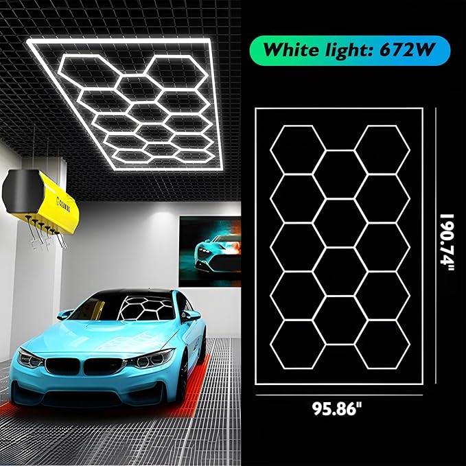 Large Hexagon Garage Lights 14 Hex Led Lights with Rectangle Frame Octagon Honeycomb Commercial Lighting for Garage Car Detailing Barber Shop Gym Warehouses Basement.