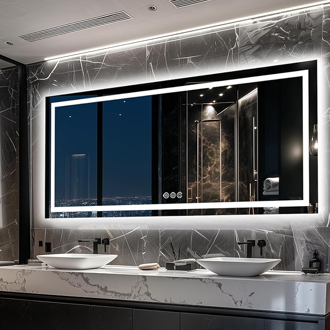 LED Bathroom Mirror, 60"x28" with Frontlit and Backlit Anti-Fog Mirror with Lights LED Vanity Mirror for Bathroom 3 Colors Temperature & Dimmable Bathroom Mirror with HD Tempered Glass