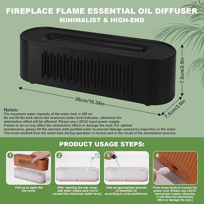Volcano Humidifier Flame Fire Diffuser: 260ml Super Quiet Essential Oil Diffuser with 7 Colors Flame Light Spray Scent Humidifier with Waterless Auto Shut-Off Protection for Yoga Gym (Black)