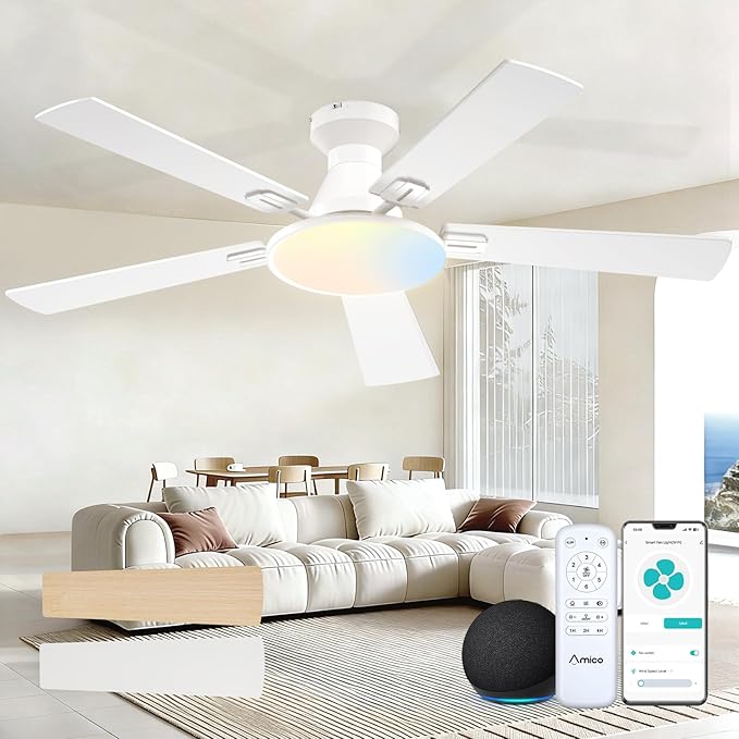 Amico Ceiling Fans with Lights, 52 inch Smart Ceiling Fan with Remote/APP/Alexa Control, Flush Mount, Reversible DC Motor, 5 Blades, 6 Speeds, 3CCT, Dimmable, Noiseless, Bedroom, Living Room, White
