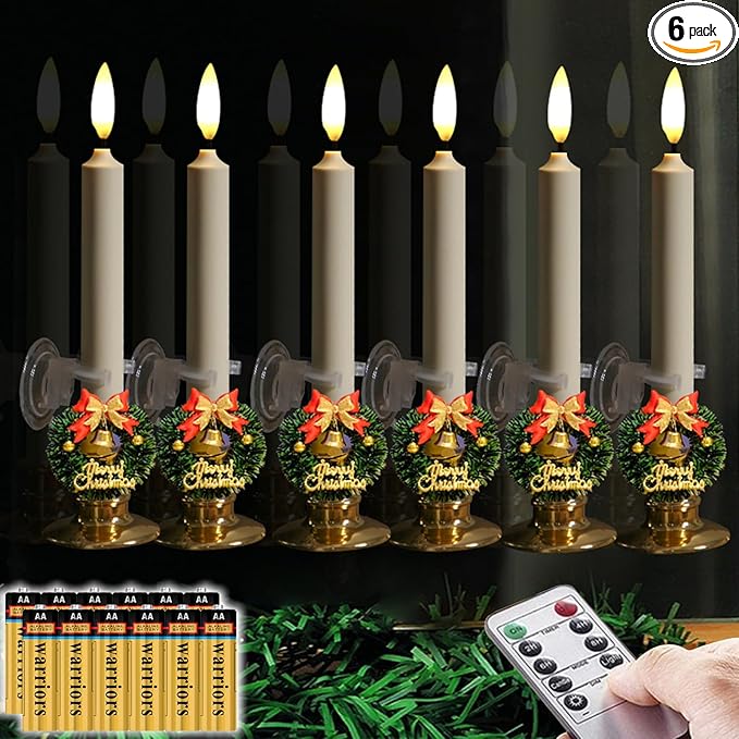 NONNO & ZGF 6 Pack Flameless 8.7'' Window Candles +6 Wreath(with Bows/Bells)+12 AA Batteries(Include)+ 6 Suction Cups+ 6 Golden Candleholders. Battery Powered Ivory Taper Candle with Remote and Timer