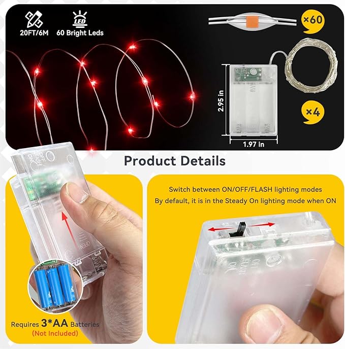 LitHome 4 Pack Valentine's Day Red Fairy Lights Battery Operated, 20 FT 60 LED Valentines Lights Battery Operated 2 Modes Indoor, Waterproof Led Fairy Twinkle Lights for Gift Bedroom Wedding Decor