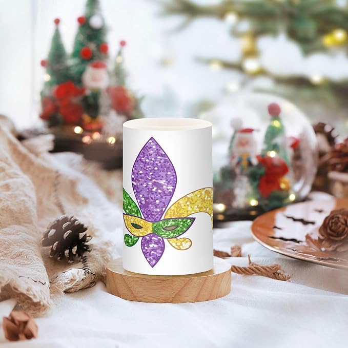 YETTASBIN Mardi Gras Flameless Candles with Remote Control and Timer, Adjustable Brightness Long Lasting Battery Operated LED Pillar Candles for Indoor Outdoor Party Home Decor, 2 Pack