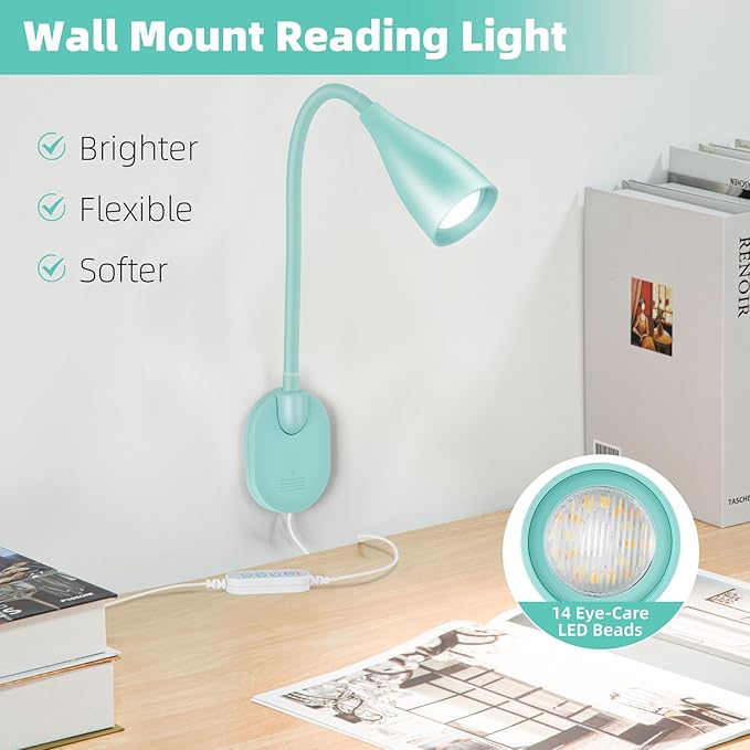 Wall-Mounted LED Bedside Reading Light with USB Charging Port, 10-Level Dimmable & Adjustable 5 Color, Plug-in Adhesive Night Lamp for Books in Bed, Eye-Caring Bedroom Lighting (Teal)
