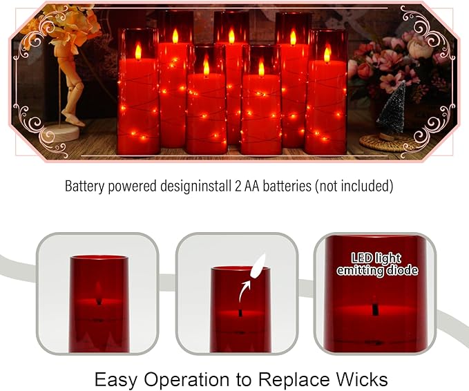 Flameless Candles with Embedded Star String, Battery Operated LED Pillar Candles with Timer and Remote Control,Home Decorating for Ambiance， Set of 7 (Red)