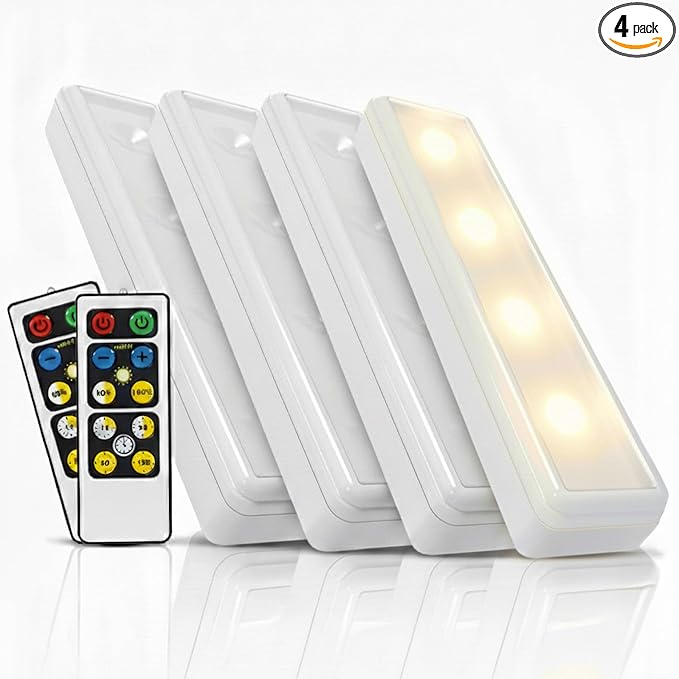 Brilliant Evolution 0.6" Ultra-Thin Wireless Under Cabinet Lights - 4 Pack, 8.5"L Battery-Operated LED Fixtures with 2 Remotes 3000K Warm White Stick-On Lighting, Timer Included for Kitchen & Counter