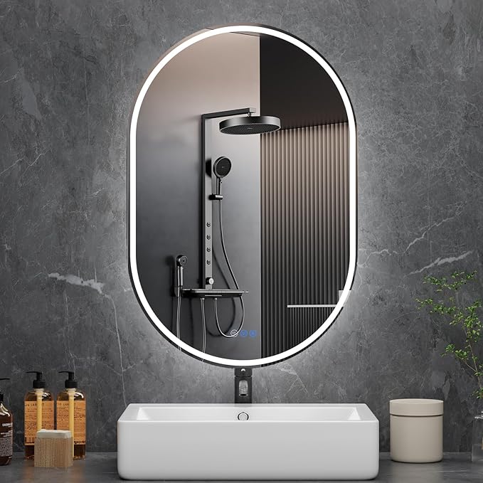 Oval LED Bathroom Mirror, 28"x 48" Frameless LED Mirror with Front Light and Backlit, Anti-Fog, Dimmable Modern Wall Mounted Lighted Mirror，Pill-Shaped Smart Mirror Bathroom