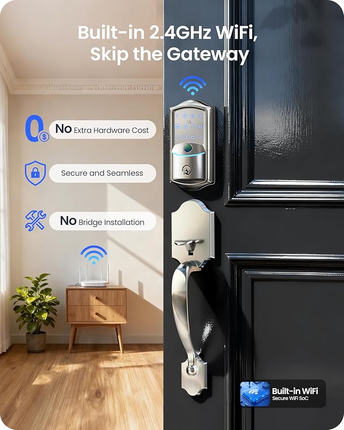 Veise VE027-H Built-in Wi-Fi Fingerprint Smart Deadbolt Lock with Handleset, App Remote & Voice Control, Keyless Entry Front Door Lock Set, Touchscreen Keypad, Auto-Lock, Easy Setup, Satin Nickel