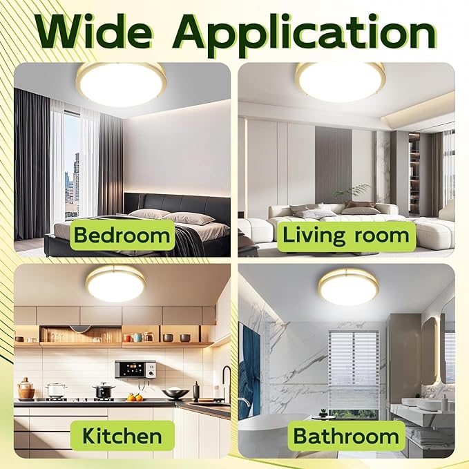 hykolity 16 inch Dimmable LED Flush Mount Ceiling Light Fixture, Gold, 36W, 2200LM, 2.7/3/3.5/4K/5K Adjustbale, 120°Light Angle, CRI90, Ceiling Lamp for Bedroom, Kitchen, Office, ETL Listed 2Pack