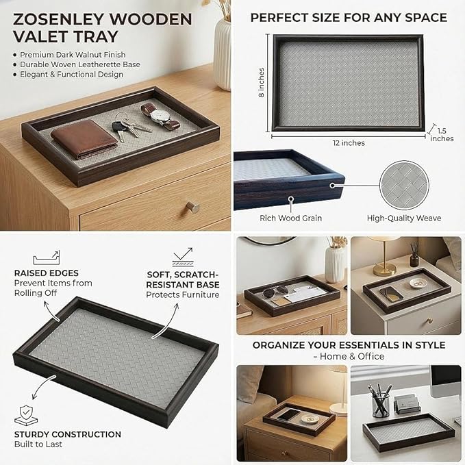 Zosenley Wooden Valet Tray with Leather Base - Nightstand Catchall Organizer for Cologne, Perfume, Keys, Wallet, Phone, Watch, Jewelry & Sunglasses (Llight Gray)