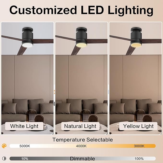 52” Smart Flush Mount Ceiling Fans with Lights Remote,Quiet DC Motor,Outdoor Indoor Low Profile Ceiling Fan,Voice Control via WIFI Alexa App,Modern Black& Walnut Dimmable Fan for Bedroom Patio