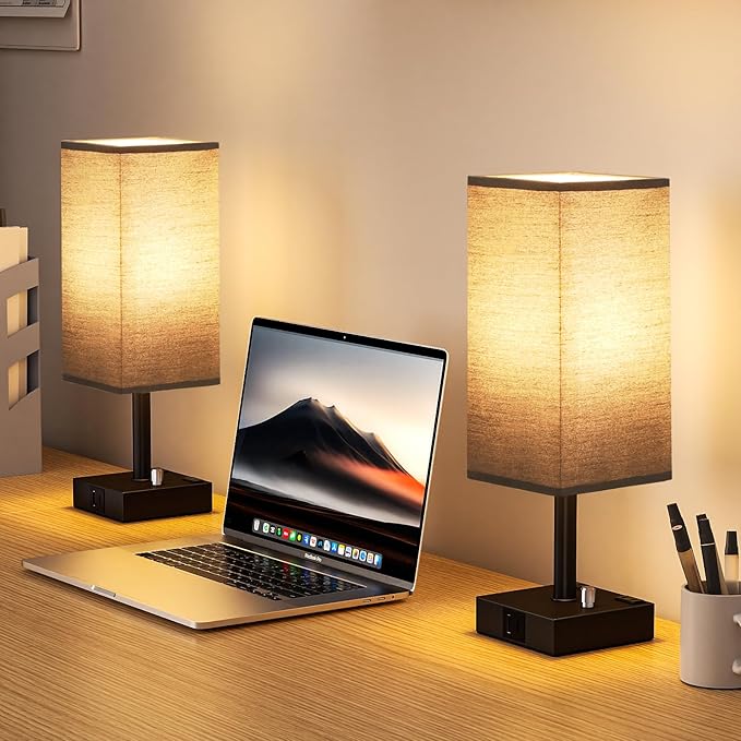 aooshine Black Fully Dimmable Nightstand Lamps Set of 2 - Table Bedside Lamp with USB C+A Charging Ports & 2 AC Outlets, Square Lamp Sets Linen Fabric Shade for Bedroom Living Room(Bulb Included)