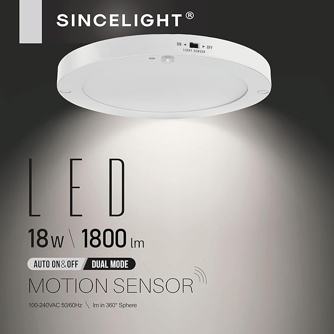 SINCELIGHT PIR Motion Sensor 18W LED Ceiling Light (Φ9''/220mm), Automatically ON/Off, Movement Activated, Dual Mode Turnable, Cool White 6000K, Surface/Flush Mount for Hallway,Porch, Pack of 1