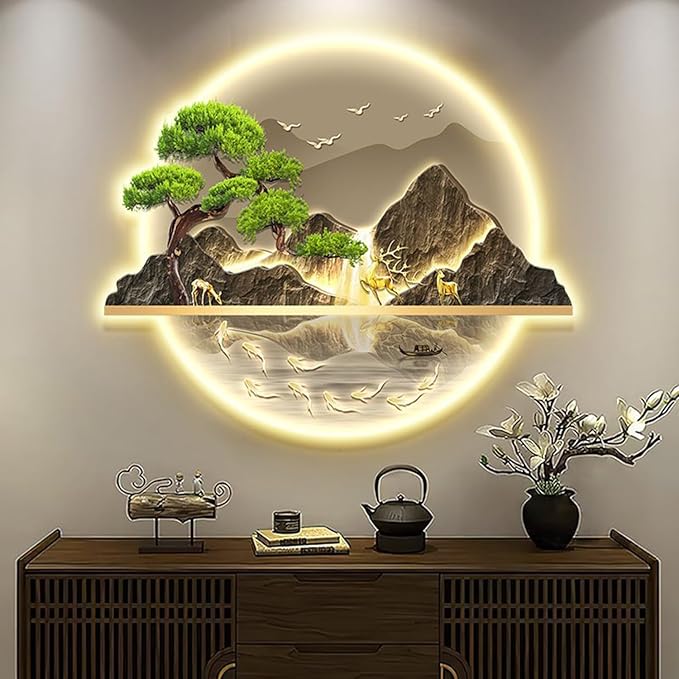 C,50 * 60cm, Mountain Tree Wall Art with Led Light, Zen Wall Art Decor, Luminous Wall Sculptures Painting, for Study Room, Dining Room, Living Room, Tea Room