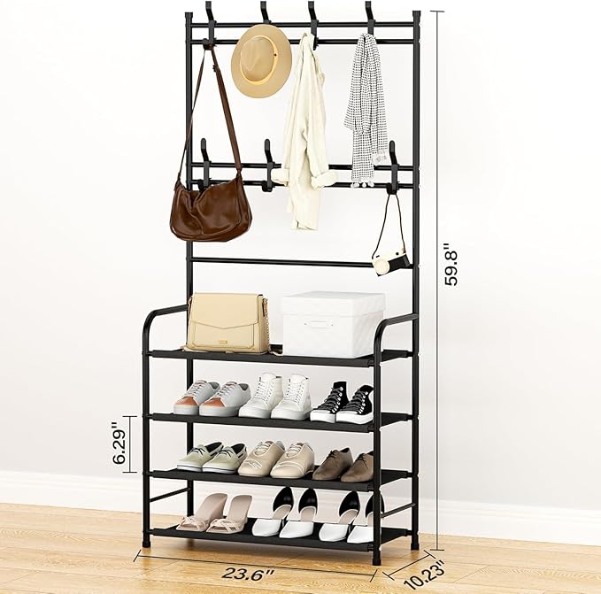 darsun Hall Tree with Shoe Storage Bench, 4-Tier Coat Rack with 8 Hooks, Multipurpose Entryway Organizer for Hall, Bedroom, Office, Shoe Bench with Storage (23.6in)