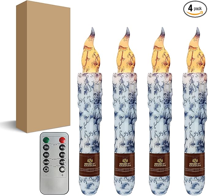 Blue and White Porcelain Flameless Short Taper Candles, Drip LED Battery Operated with Remote, Flickering Flame Lights for Home Décor, 6.7 Inch Primitive Flameless Print Candles, 4PCS