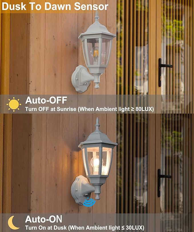 FUDESY Outdoor Wall Light Dusk to Dawn, Porch Sensor Light White Plastic Anti-Corrosion with LED Edison Filament Bulb, Exterior Mount Lantern for House, Garage (1-Pack), FDS2542PS-W