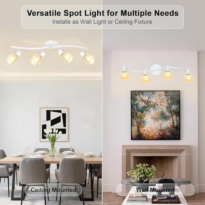 HiBay 4-Light Track Lighting White, Adjustable Modern Ceiling Light Fixture w/Glass Shades, Flush Mount Ceiling Wall Spotlight Indoor for Bathroom, Kitchen, Living Room, E12 Base, No Bulbs