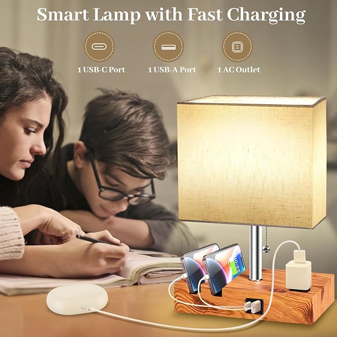 Smart RGB Dimmable Table Lamp Work with Alexa&APP&Remote Control, Bedside Desk Lamp with Charging Ports&Outlet&Phone Stand, Music Sync Nightstand Lamp for Bedroom Living Room Office Dorm, Wooden Base
