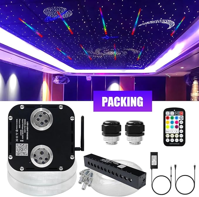AZIMOM Updated Dual Color 50W Twinkle Fiber Optic Starlight Kits 1800pcs 0.03in 16.4ft Strands, RGB Meteor Shooting Star, Sound Activated APP/Remote Control Theater Ceiling Home Lobby Roof Decor