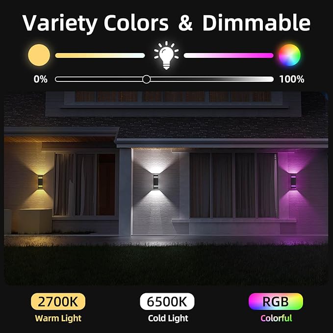 SHIMR Color Changing Outdoor Wall Lights 2 Pack, Ambiance Up and Down Lights Outdoor, Waterproof Square Smart Porch Lights WiFi APP Control Exterior Light Fixture Home Theater Lighting [ETL Listed]