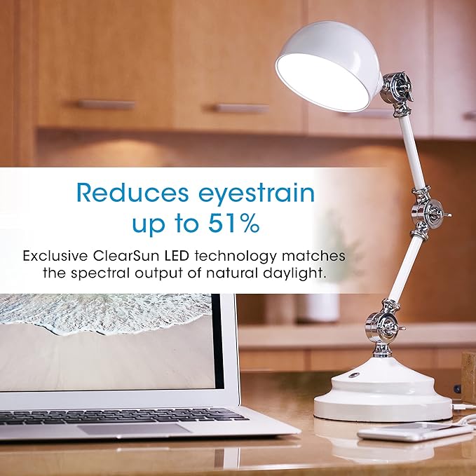 OttLite Prevention Pharmacy Adjustable LED Desk Lamp with USB Charging - Designed to Reduce Eyestrain, 3-Point Adjustable Neck, 3 Brightness Settings with Touch Controls