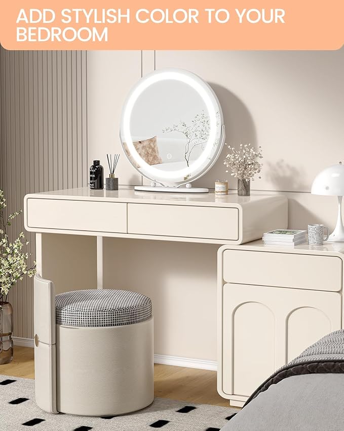IDEALHOUSE 19 inch Makeup Mirror with Lights, Vanity Mirror with Smart Touch Control 3 Colors Dimmable Lights, 360°Rotation White Vanity Mirror for Bedroom, Tabletop and Desk Mirror
