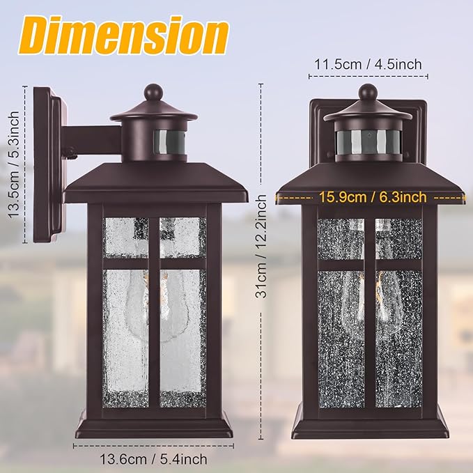 Updated Dusk to Dawn Porch Light, Exterior Light Fixtures Wall Mount Oil Rubbed Bronze, Porch Lights Dusk Dawn Bronze, with E26 Sockets & Tempered Glass, Dusk till Dawn Outdoor Lighting Fixture
