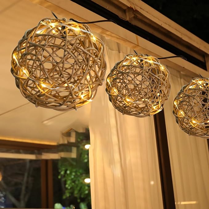 Solar Pendant Lights Outdoor Chandelier 7.5" Outdoor Rattan Solar Fairy String Hanging Lights Ball with Remote 4 Modes Lighting Waterproof Rattan Lantern Lighted Orb for Garden Porch Patio