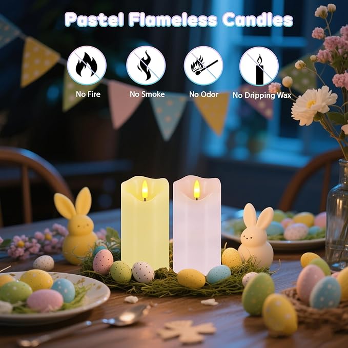 Flameless Candles Light, Set of 2 6"x3" Flickering Pastel Spring LED Candles with Remote & Timer, Dimmable Real Wax Easter Pillar Candles Battery Operated for Home Spring Easter Decor (Pink Yellow)