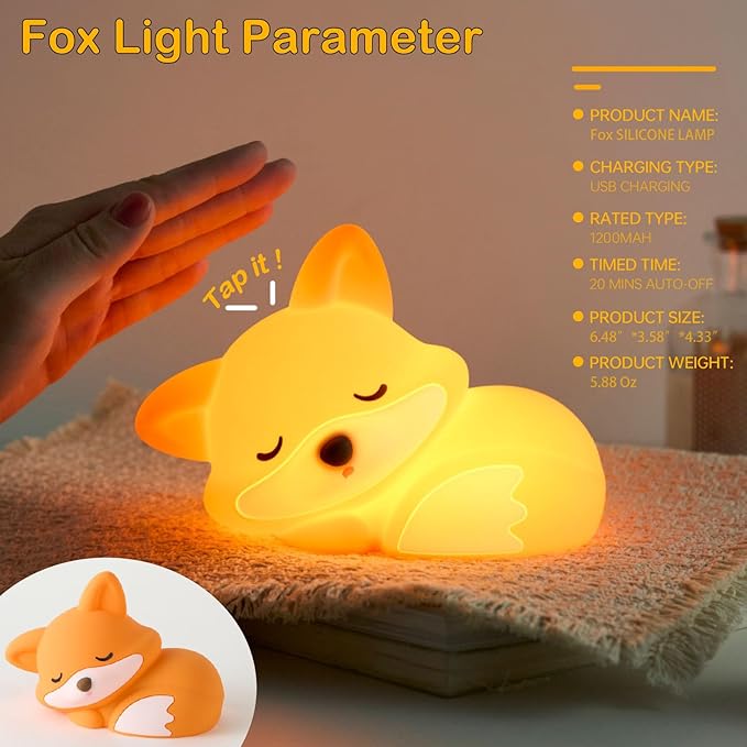 Fox Lamp, Fox Cute Night Light Gifts, Rechargeable Bedside Nightlight, Dimmable Squishy Silicone Animal Touch Lamp, Baby Room Decor, Small Night Light for Kids Teens Boys Girls Lovers