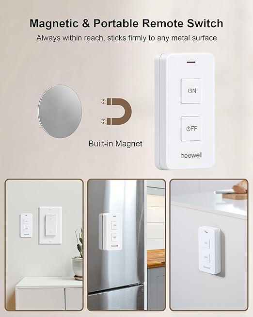 Remote Control Outlet with Portable Magnetic Switch, 200FT Long Range Wireless On Off Switch, Mini Electrical Outlet Plug, 15A/1875W High-Power for Lamps, Lights, Household Appliances