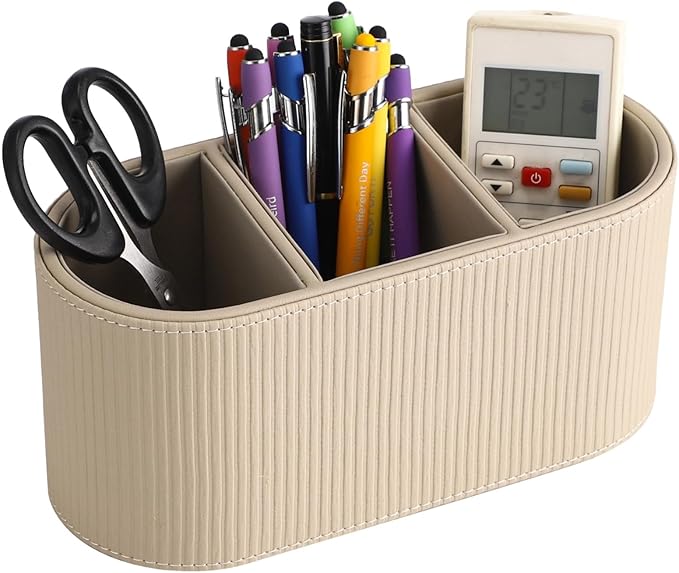OMISTAR 3-Compartment PU Leather Pen Holder, Desk Organizer Stylish Bedside Remote Holder Nightstand, Eyeglasses/Stationery/Makeup Brush Storage Box, Long-Lasting Desk Accessories, 8.9 x 4 x 4.1 in
