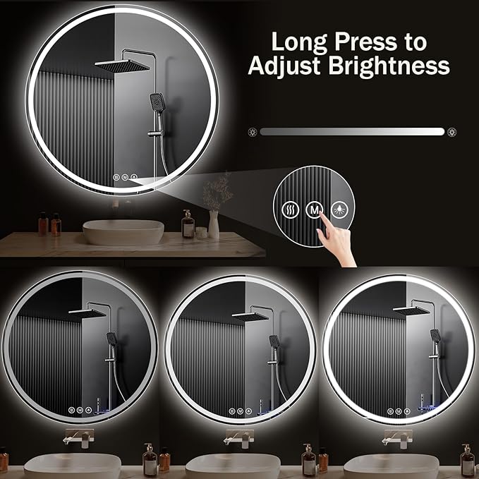 LED Bathroom Mirror 48 Inch Round Bathroom Mirror with Lights, Circle LED Mirror, Wall Mounted Lighted Bathroom with 3 Colors Brightness, Anti-Fog, Dimmable, Shatter-Proof