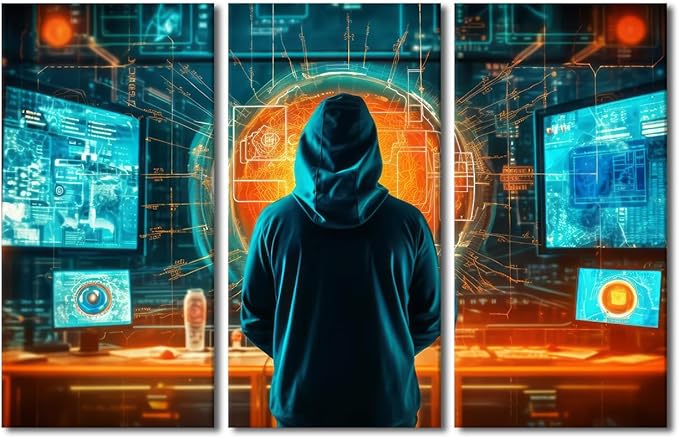3 Panel Framed Wall Art, Concept of Cybersecurity, Phishing, Cybercrime Posters Picture Print on Canvas for Bedroom Living Room Dorm Wall Decorations, Ready to Hang, 60" Wx40 H