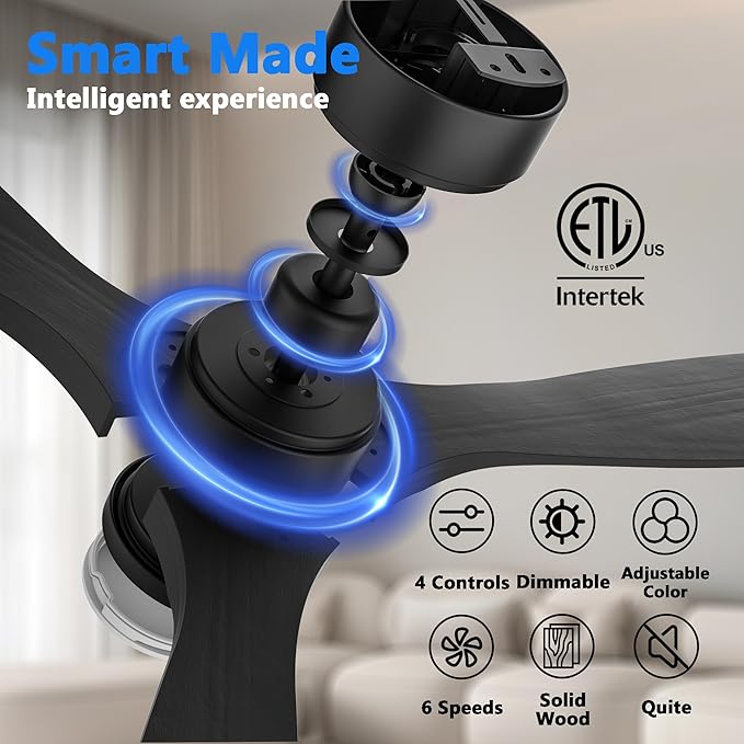 52 Inch Wood Smart Ceiling Fans with Lights Remote,Voice Control via WIFI Alexa App,Quiet DC Motor,Outdoor Indoor Ceiling Fan,Dimmable,Modern Black Lighting & Ceiling Fan for Bedroom Patio Porch