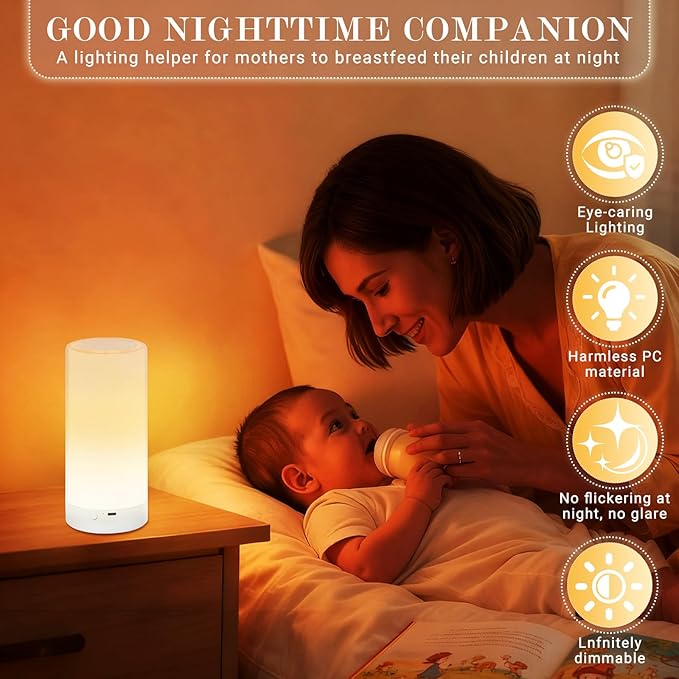Table Lamp, Touch Sensor Bedside Lamps, Dimmable Warm White Light & Color Changing RGB for Kids,Holiday, Camping Use