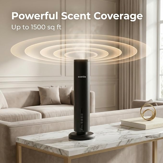 Scentia Wireless Waterless Hotel Scent Diffuser | Includes Premium USA-Made Oil Blend | App Controlled, Cordless | Home, Office, Spa, Aromatherapy | Covers 1500 Sq Ft | 72 Hrs in 1 Charging | Black