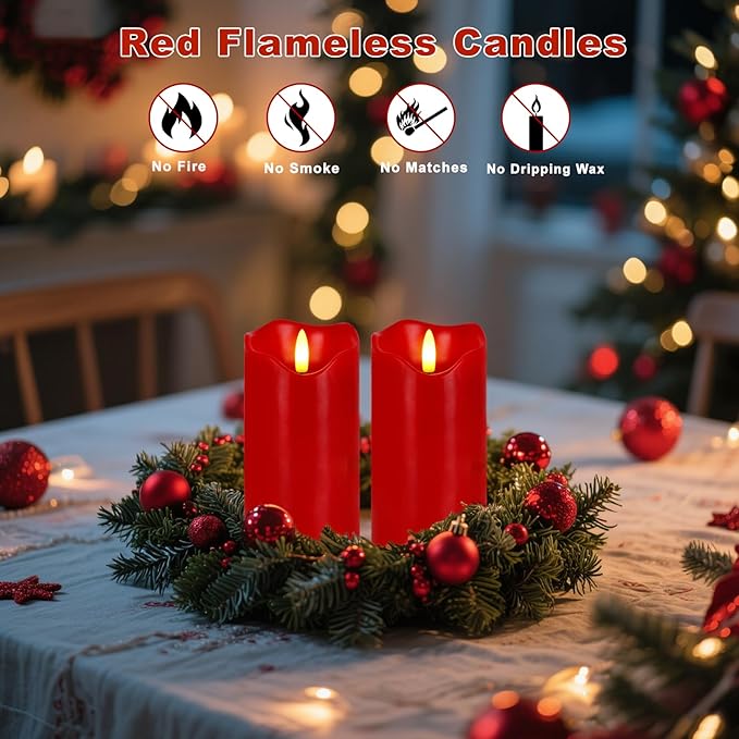 VEEKI Flameless Candles Light, Set of 2 6"x3" Flickering Christmas Flameless Candles with Remote & Timer, Dimmable Real Wax Pillar Candles Battery Operated, Red Candles for Home Xmas Decor (Red)