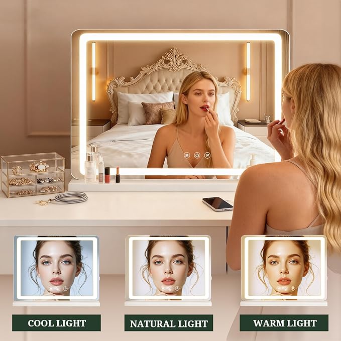 Vanity Mirror with Lights, LED Makeup Mirror with 3-Color Dimmable Lighting, Smart Touch Control, Memory Function, Tabletop Lighted Mirror for Bedroom, Dressing Room
