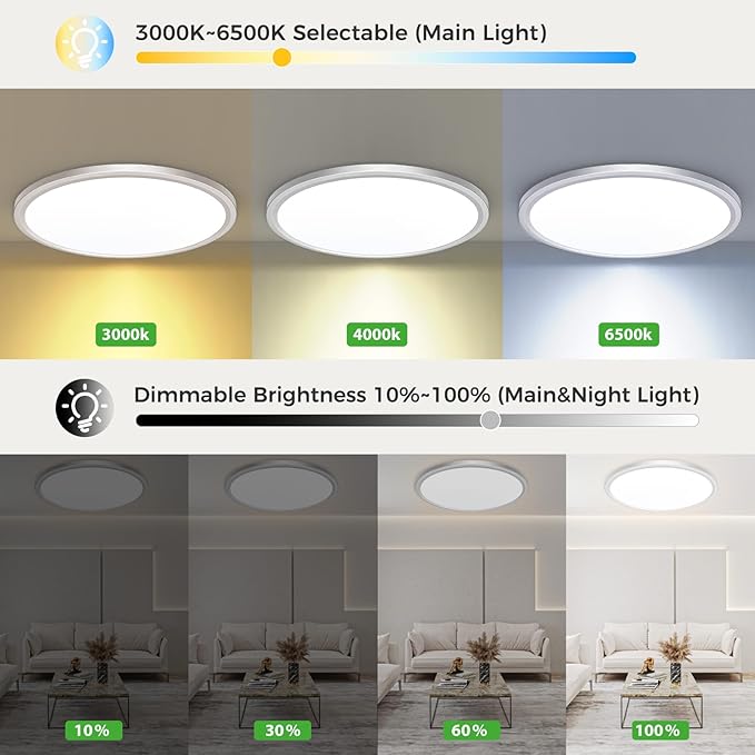 zemty 12 Inch LED Ceiling Light with Night Light 1800K, Dimmable with Remote Control, Low Profile Lighting for Bedroom Bathroom Kitchen - Brushed Nickel