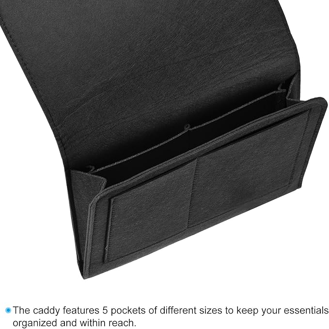 PATIKIL 11in Bedside Caddy, Bed Caddy Bedside Organizer Hanging 5 Pocket Soft Felt Bed Pockets Bedside Storage Organizer Remote Control Holder for Bedroom Phones Glasses, Black