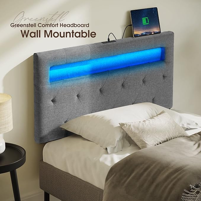 GREENSTELL Headboard for Twin Size Bed with 60,000 DIY Color of LED Light, USB & Type C Post, Attach Frame, Height Adjustable, Gray Wall Mounted Head Boards Only, Sturdy & Stable, Comfortable, Twin
