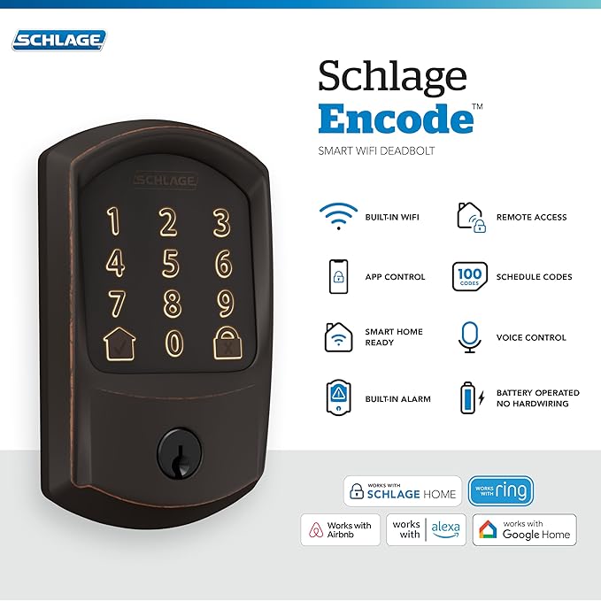 Schlage Encode Smart Wi-Fi Deadbolt Lock with Touchscreen Keypad, Keyless Front Door Entry, App Control, Alexa, Google Home and Airbnb Compatible, Aged Bronze, BE489WB GRW 716