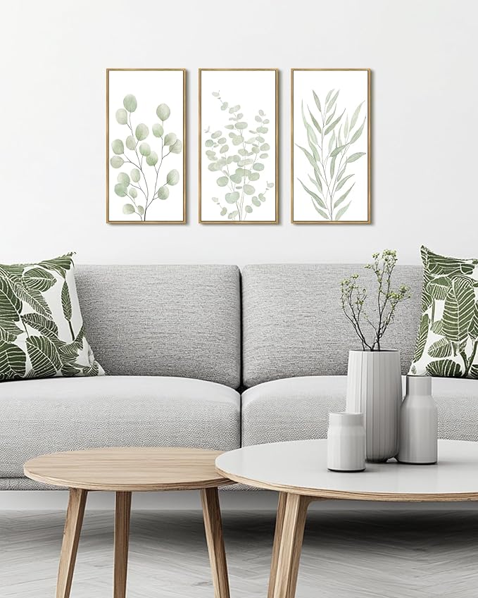 KUVIOKE Light Green Botanical Leaf Framed Wall Art Green Sage Eucalyptus Plant Illustrations Modern Artwork for Living Room Bedroom 8x16in3pcs Natural Framed
