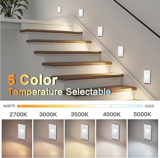 8-Pack Vertical LED Step Lights, Color Adjustable (2700K-5000K), IP65 Waterproof, 3W 70LM, 120V Stair Lights Indoor Outdoor, 10%-100% Dimmable, White, ETL Certified